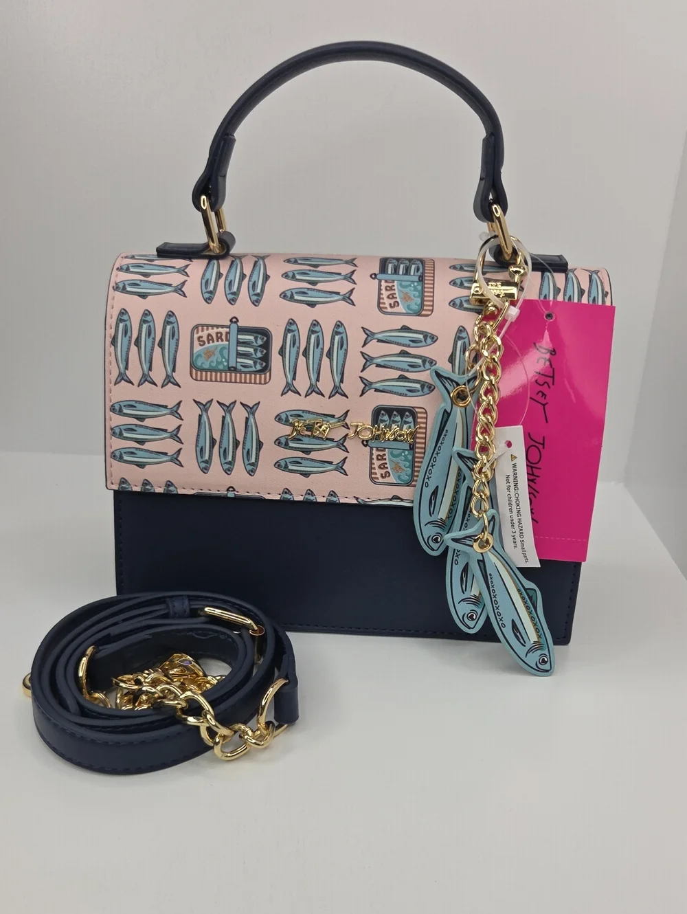 🐟▪️Betsey Johnson ▪️ Navy and Pink Sardine Print Top-Handle Crossbody Bag